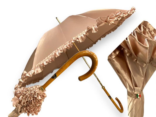 Ombrello Donna "stile 800" Colore Cipria lucido manico in canna di Malacca lavorazione artigianale Ombrelli Domizio dal 1989 Made in Italy