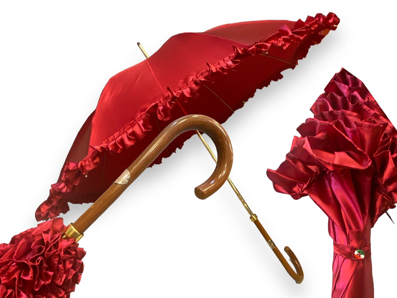 Ombrello Donna "stile 800" Colore Rosso lucido manico in canna di Malacca lavorazione artigianale Ombrelli Domizio dal 1989 Made in Italy