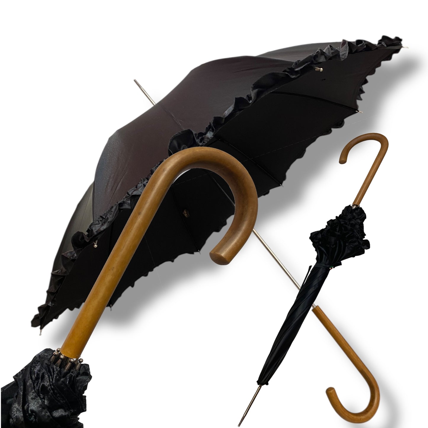 Ombrello classico stile 800 manico in Canna di Malacca lunga tessuto lucido lavorazione artigianale Ombrelli Domizio dal 1989 Made in Italy