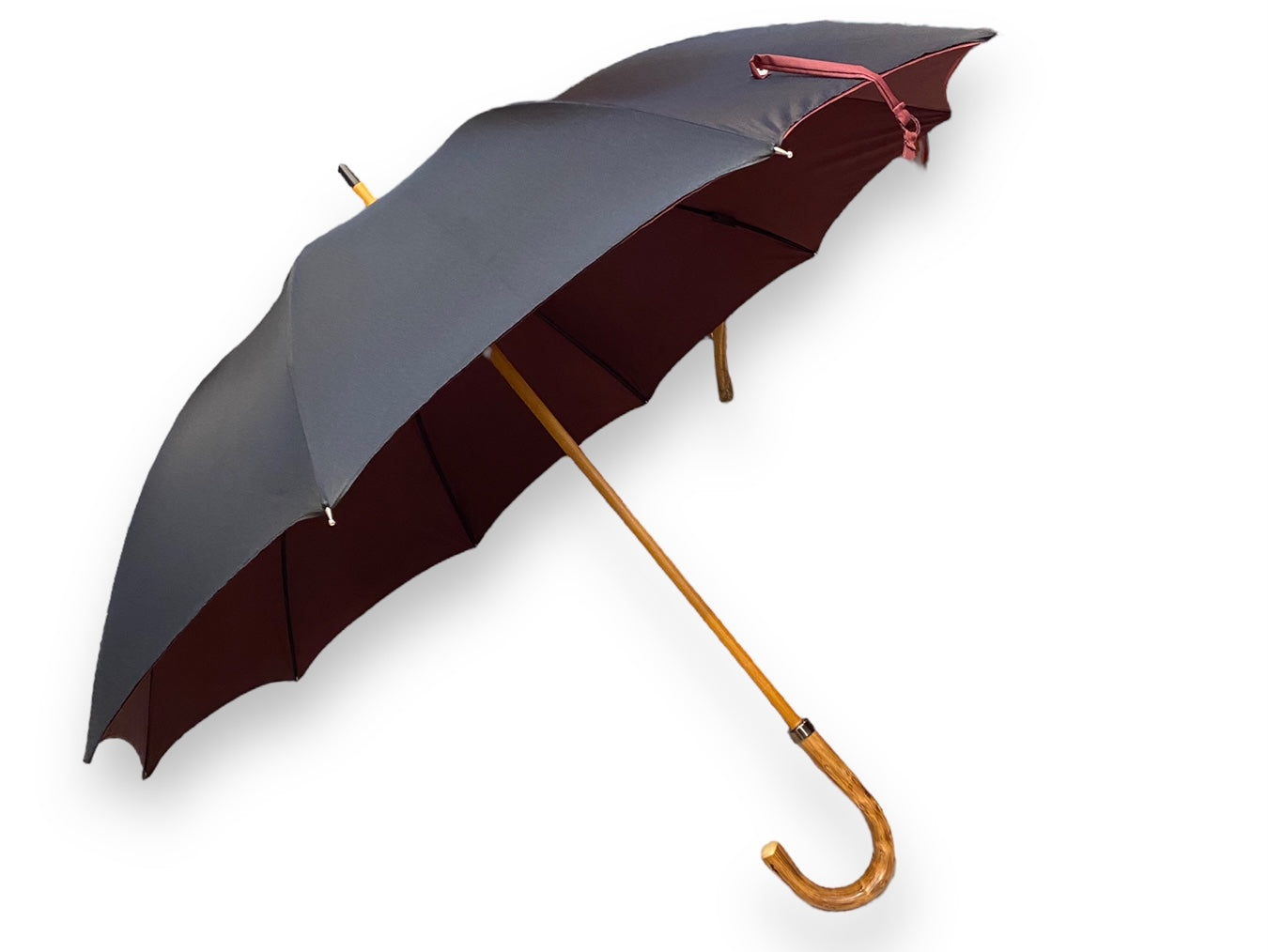 Regenschirm mit Griff aus Kongoholz, doppelter Stoff in Schwarz/Burgund – Handwerkskunst von Domizio-Schirmen seit 1989