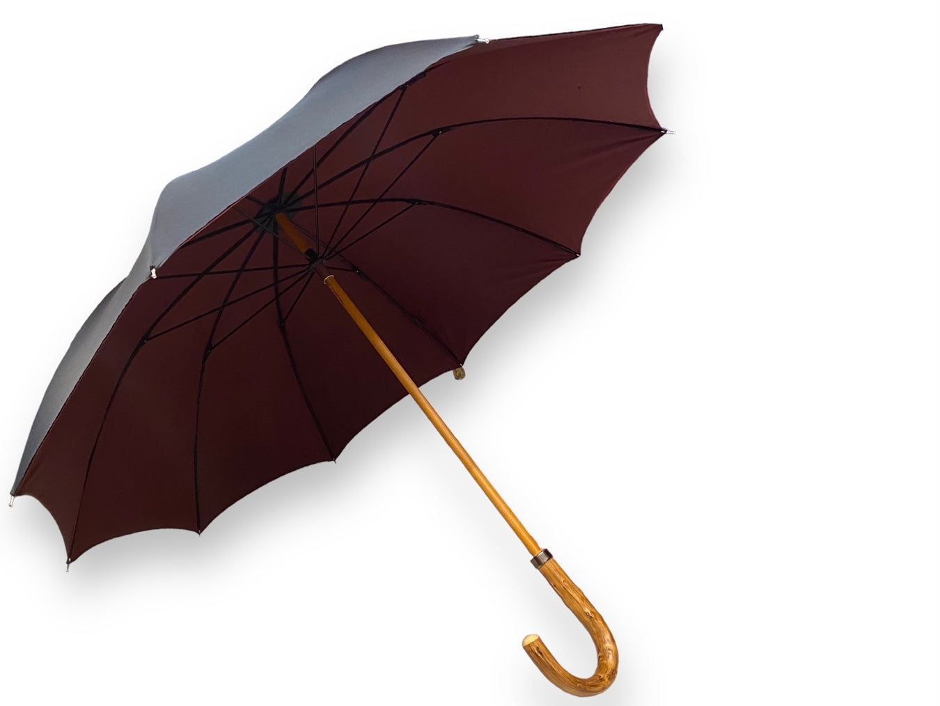 Regenschirm mit Griff aus Kongoholz, doppelter Stoff in Schwarz/Burgund – Handwerkskunst von Domizio-Schirmen seit 1989