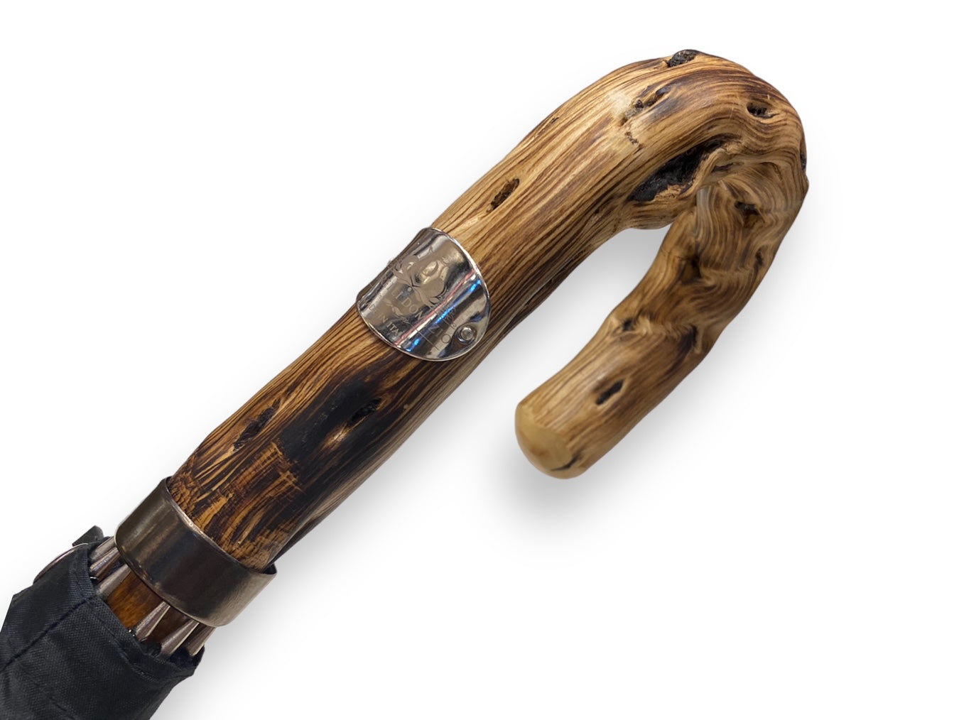 Handgefertigter Regenschirm, schwarzer Besenholzgriff, 10 Streben. Domizio-Regenschirme seit 1989, hergestellt in Italien