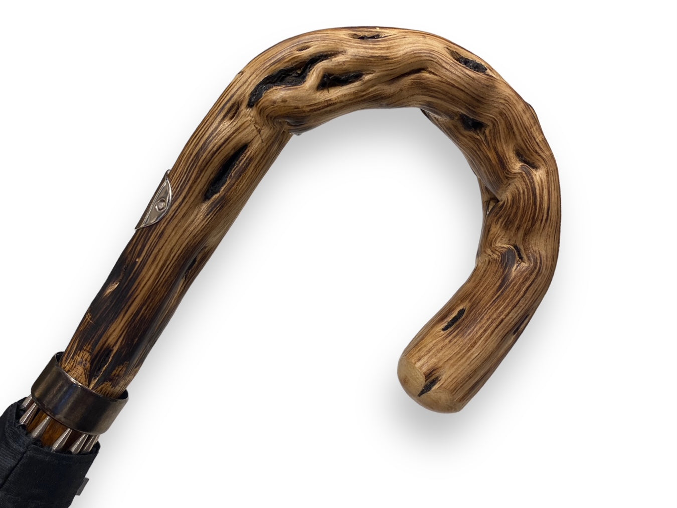 Handgefertigter Regenschirm, schwarzer Besenholzgriff, 10 Streben. Domizio-Regenschirme seit 1989, hergestellt in Italien