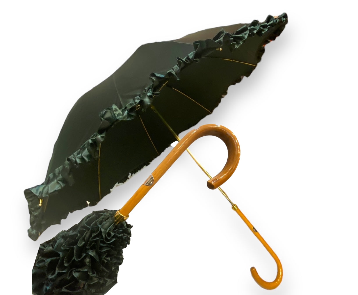Ombrello Donna "stile 800" Colore Verde lucido manico in canna di Malacca lavorazione artigianale Ombrelli Domizio dal 1989 Made in Italy