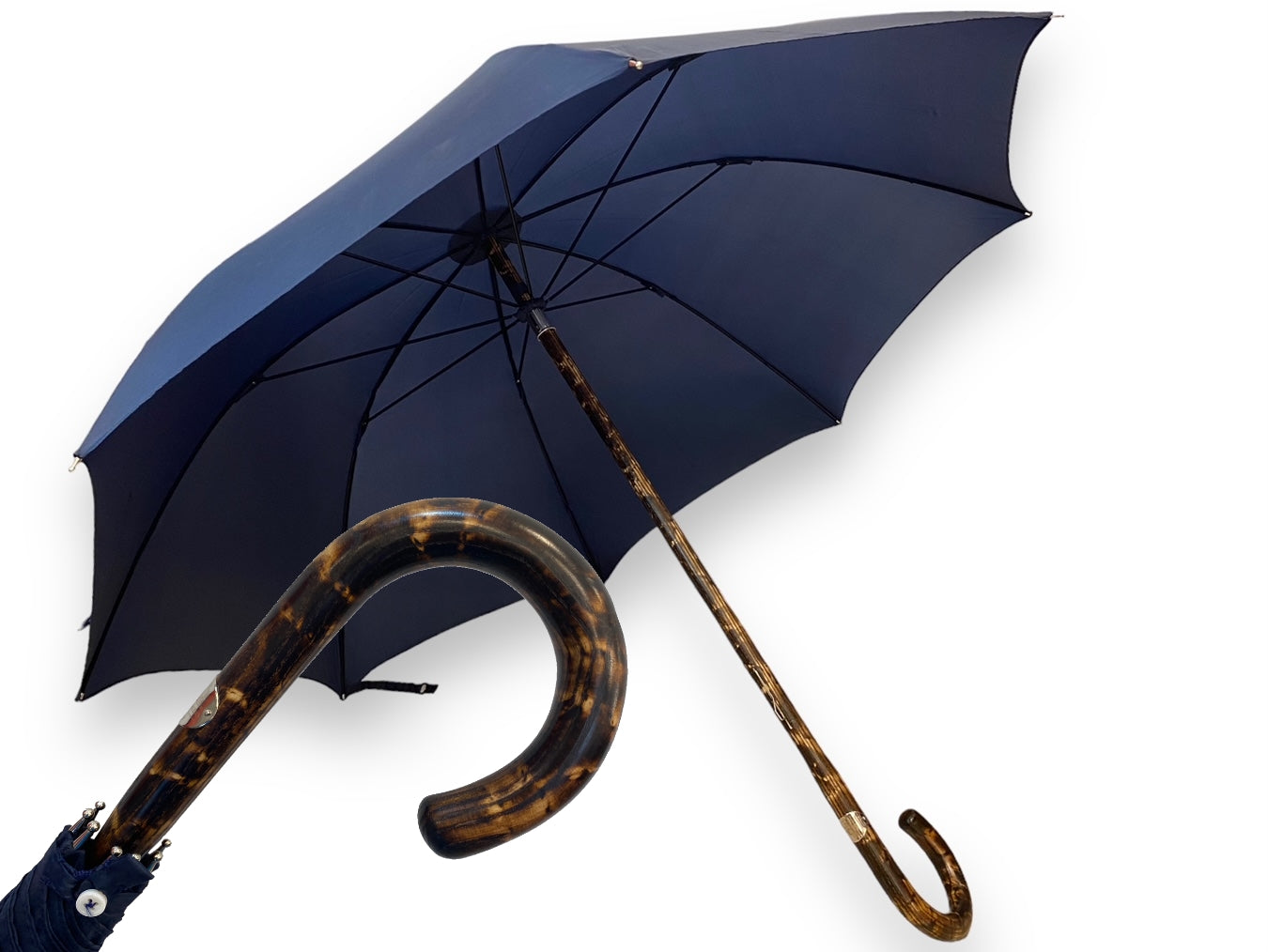 Regenschirm Ganzer Stock aus gestromtem Hickoryholz, Hornspitze Handwerkskunst Domizio-Regenschirme seit 1989