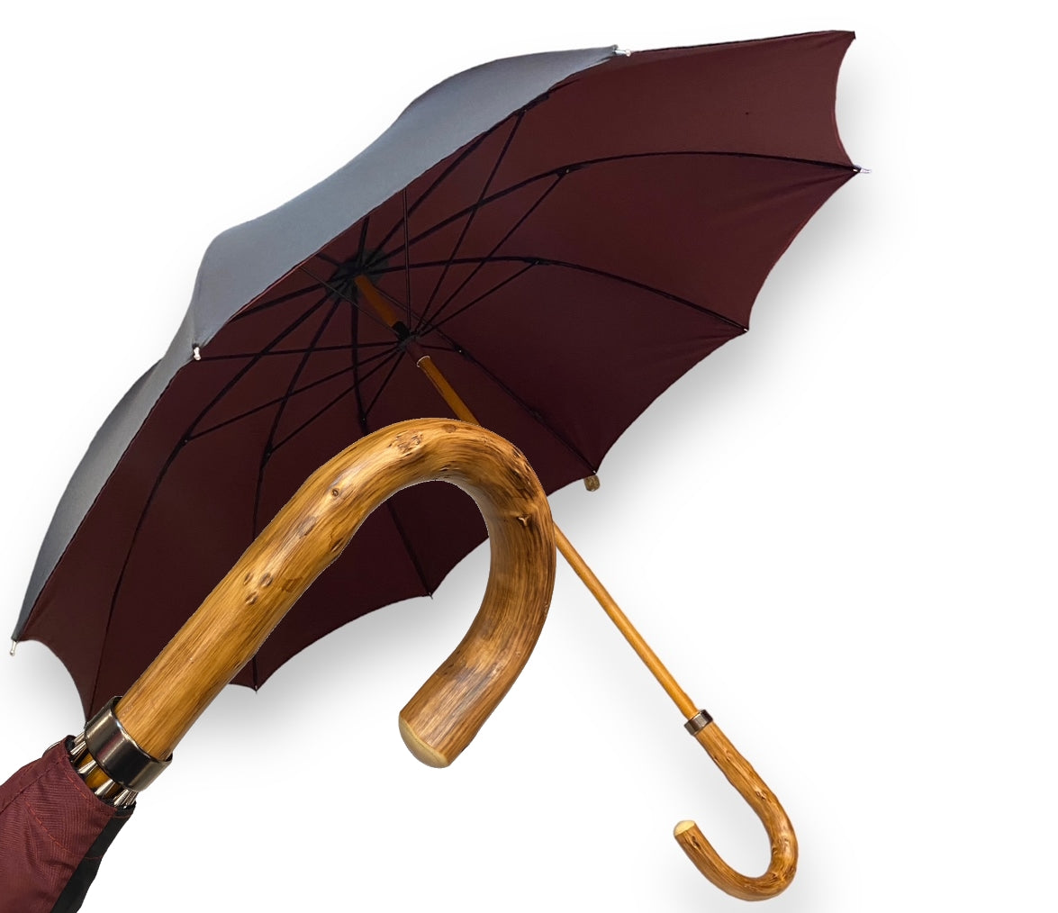 Regenschirm mit Griff aus Kongoholz, doppelter Stoff in Schwarz/Burgund – Handwerkskunst von Domizio-Schirmen seit 1989