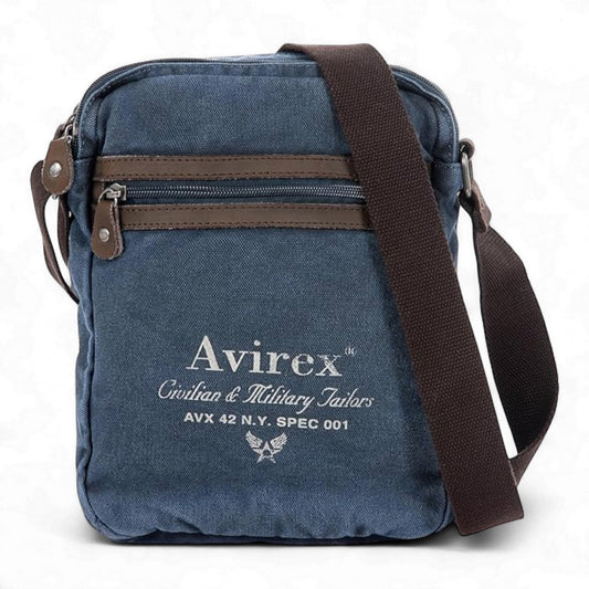Avirex, 140506 Borsello da uomo grande con tracolla e dettagli in vera pelle - Blu CNV0H