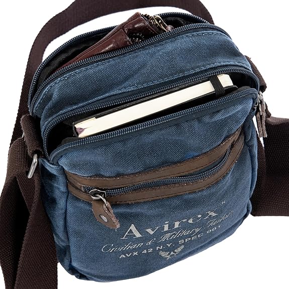 Avirex, 140506 Borsello da uomo medio con tracolla e dettagli in vera pelle -Blu CNV0I-500