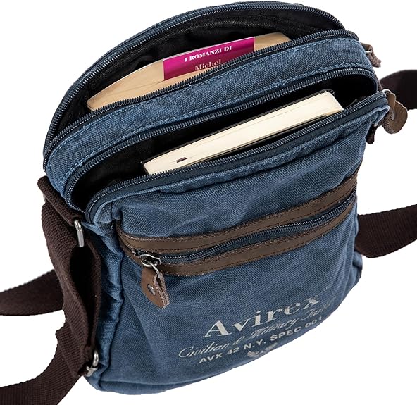 Avirex, 140506 Borsello da uomo grande con tracolla e dettagli in vera pelle - Blu CNV0H