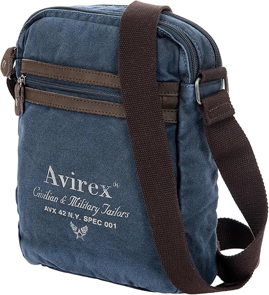 Avirex, 140506 Borsello da uomo grande con tracolla e dettagli in vera pelle - Blu CNV0H