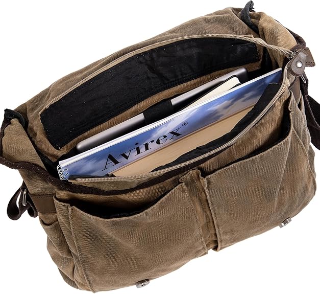 Avirex Borsa Messenger in Canvas e Pelle Bovina Anticata, Cartella a Tracolla Regolabile in Stile Militare, Collezione 140506 CNV0M (Verde Kaki)