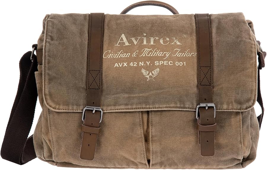 Avirex Borsa Messenger in Canvas e Pelle Bovina Anticata, Cartella a Tracolla Regolabile in Stile Militare, Collezione 140506 CNV0M (Verde Kaki)
