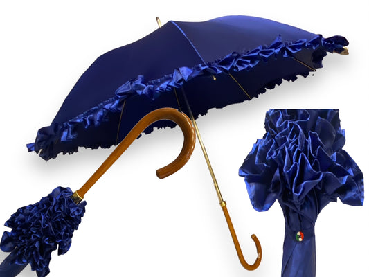 Ombrello Donna "stile 800" Colore blu lucido manico in canna di Malacca lavorazione artigianale Ombrelli Domizio dal 1989 Made in Italy
