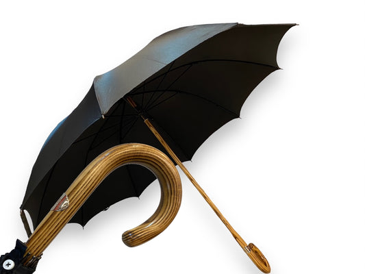 Blonder Hickory-Regenschirm, glänzender schwarzer Stoff, 10 Rippen, handgefertigte Domizio-Regenschirme seit 1989