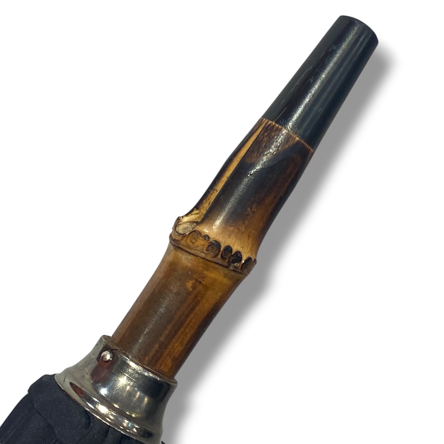 Schwarzer Bambus-Regenschirm, 10 Streben, Hornspitze, handgefertigt von Ombrelli Domizio seit 1989, hergestellt in Italien