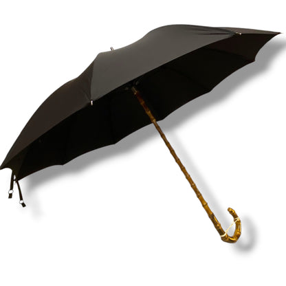 Schwarzer Bambus-Regenschirm, 10 Streben, Hornspitze, handgefertigt von Ombrelli Domizio seit 1989, hergestellt in Italien