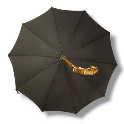 Schwarzer Bambus-Regenschirm, 10 Streben, Hornspitze, handgefertigt von Ombrelli Domizio seit 1989, hergestellt in Italien