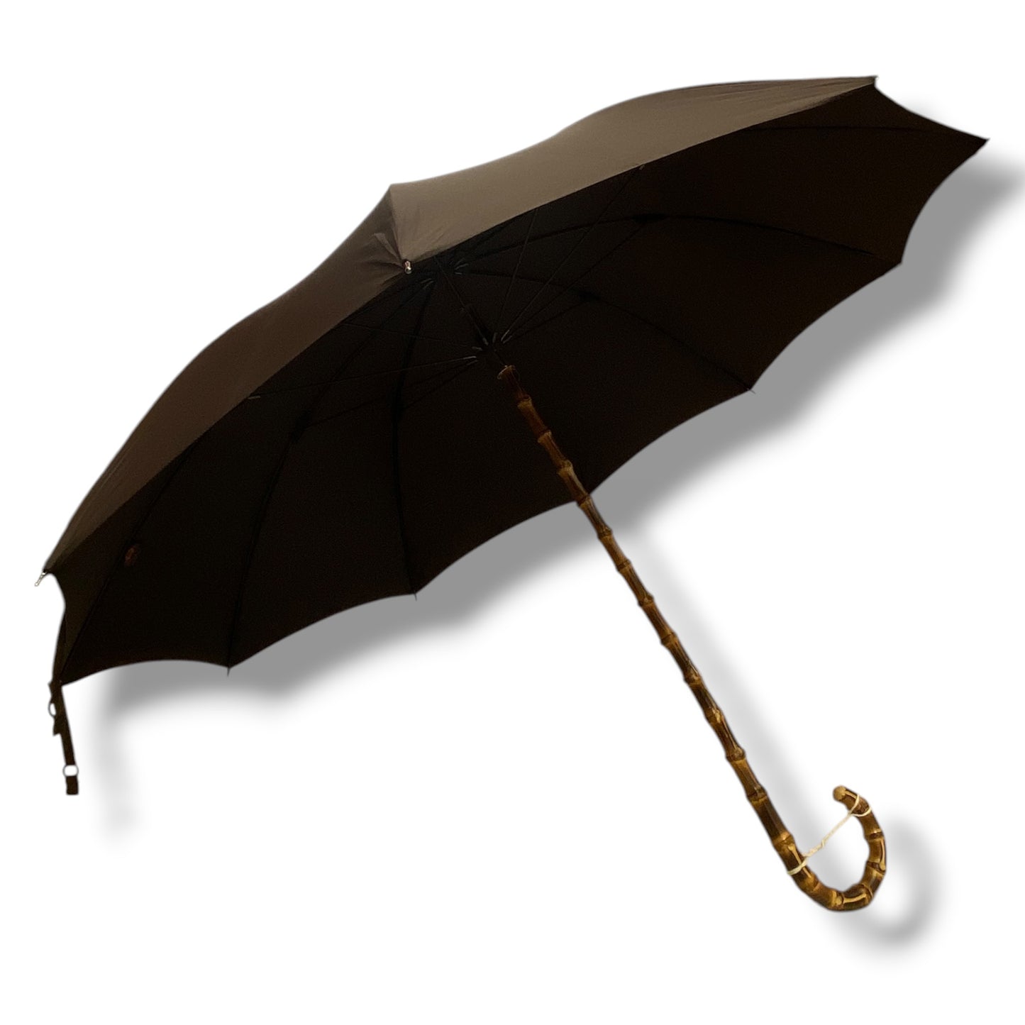 Schwarzer Bambus-Regenschirm, 10 Streben, Hornspitze, handgefertigt von Ombrelli Domizio seit 1989, hergestellt in Italien