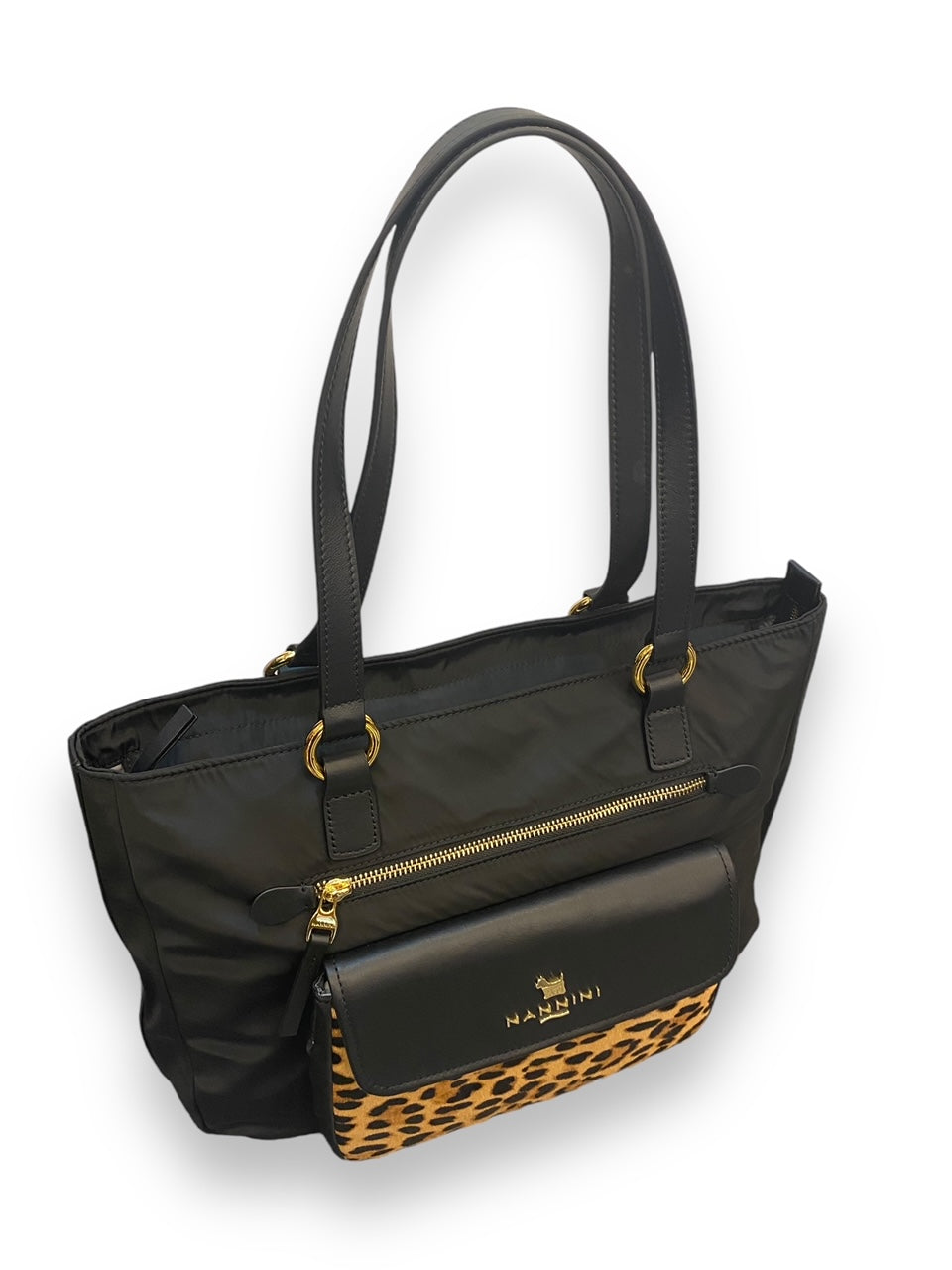 Nannini Firenze Borsa Shopper due manici tessuto e pelle Nero/leopardo Linea ALIZA Art. 18361A