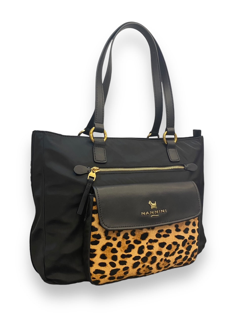 Nannini Firenze Borsa Shopper due manici tessuto e pelle Nero/leopardo Linea ALIZA Art. 18361A