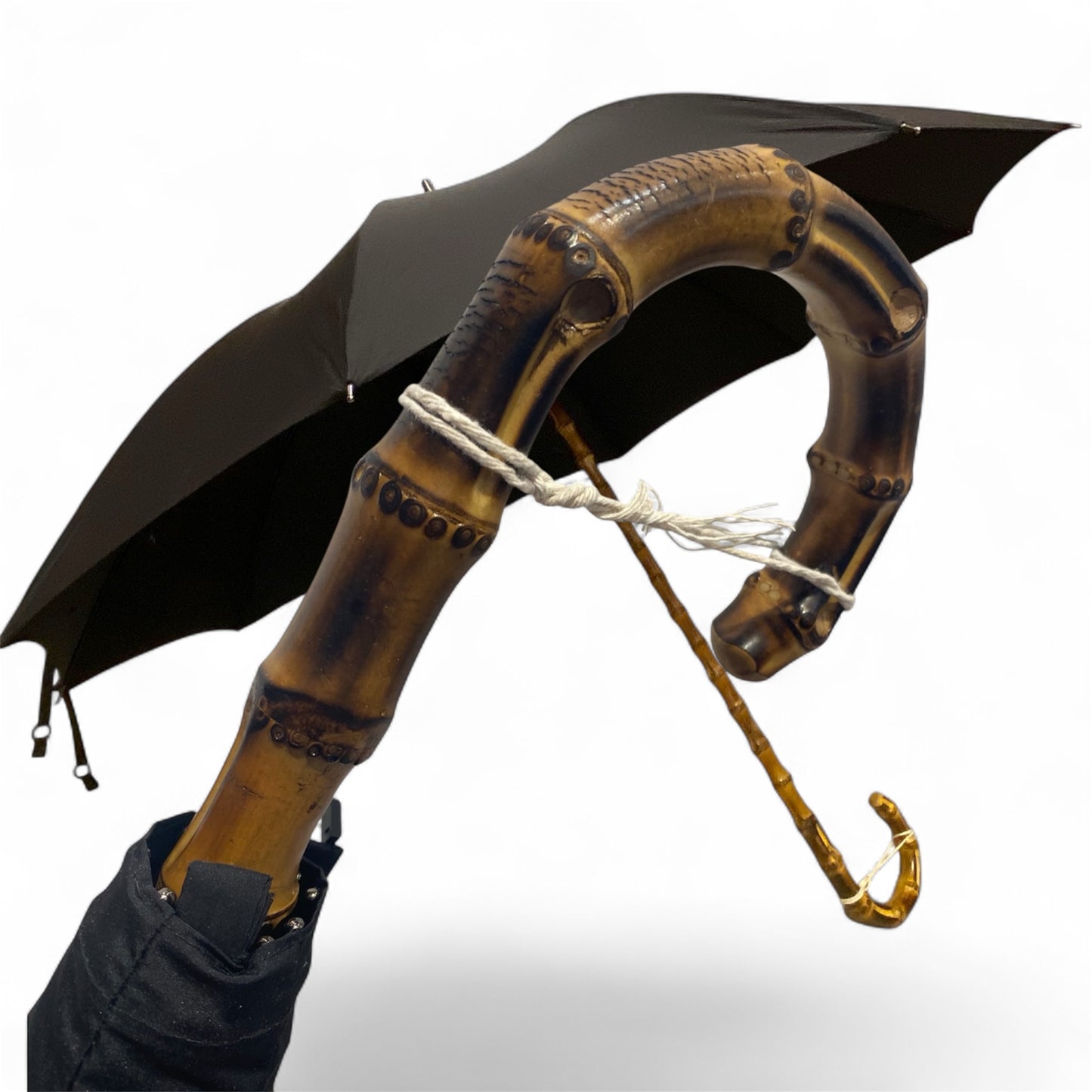 Schwarzer Bambus-Regenschirm, 10 Streben, Hornspitze, handgefertigt von Ombrelli Domizio seit 1989, hergestellt in Italien