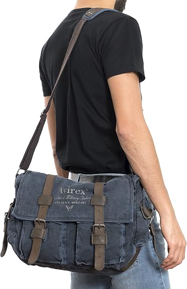 Avirex, 140506 Messenger in Canvas con dettagli in pelle Blu CNV0E - Pelletteria Domizio