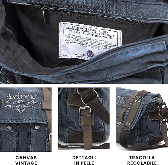 Avirex, 140506 Messenger in Canvas con dettagli in pelle Blu CNV0E - Pelletteria Domizio