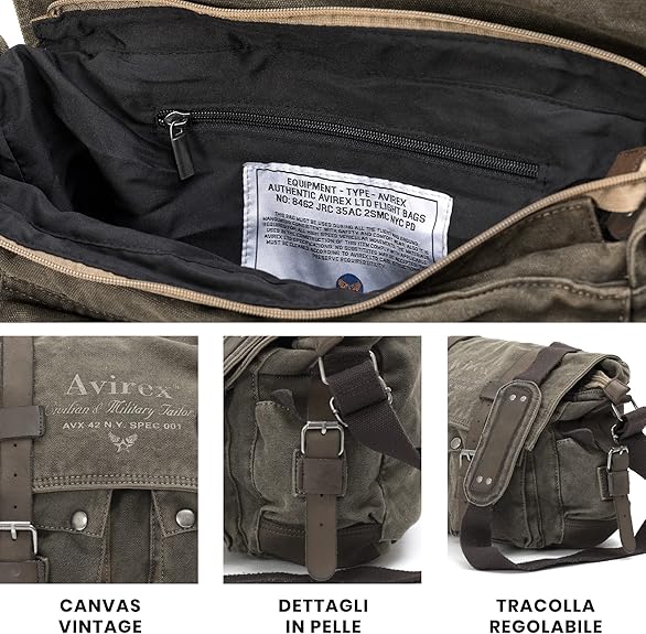 Avirex, 140506 Messenger in Canvas con dettagli in pelle Verde CNV0E - Pelletteria Domizio