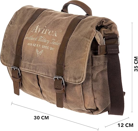 Avirex Borsa Messenger in Canvas e Pelle Bovina Anticata, Cartella a Tracolla Regolabile in Stile Militare, Collezione 140506 CNV0M (Verde Kaki) - Pelletteria Domizio