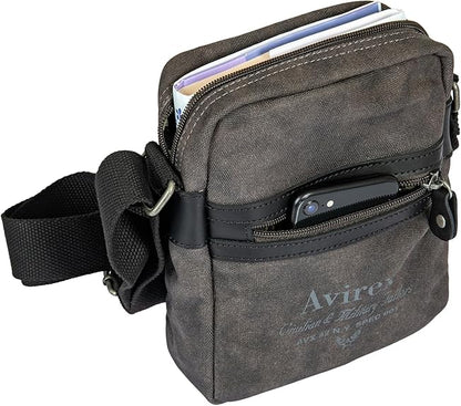 Avirex, Borsello Medio con Tracolla Regolabile in Canvas Spalmato con Parti in Ecopelle, Tracolla da Uomo, Collezione Pasadena, PSD03 Grigio - Pelletteria Domizio