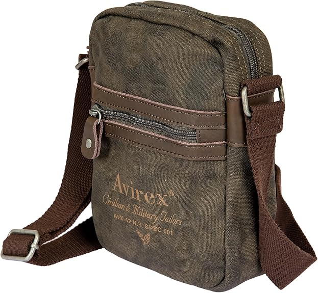 Avirex, Borsello Medio con Tracolla Regolabile in Canvas Spalmato con Parti in Ecopelle, Tracolla da Uomo, Collezione Pasadena, PSD03 Verde - Pelletteria Domizio