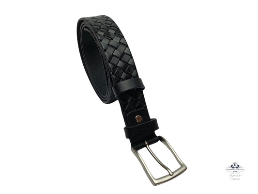 Pressed leather belt woven with. Black artisanal workmanship Made in Italy
