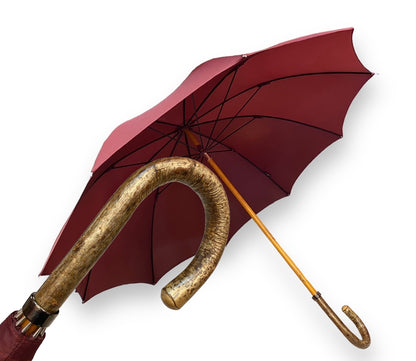 Umbrella with hazelnut wood handle, burgundy color - artisanal workmanship Domizio umbrellas since 1989